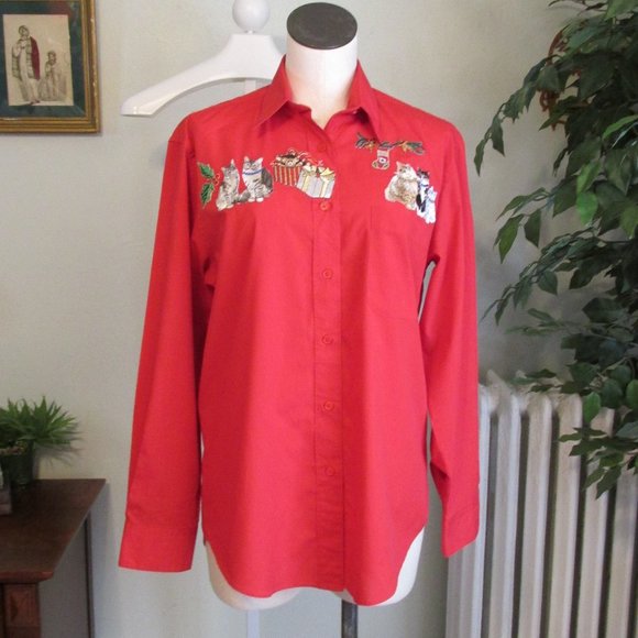 Red Christmas Cat's Blouse - Picture 2 of 6